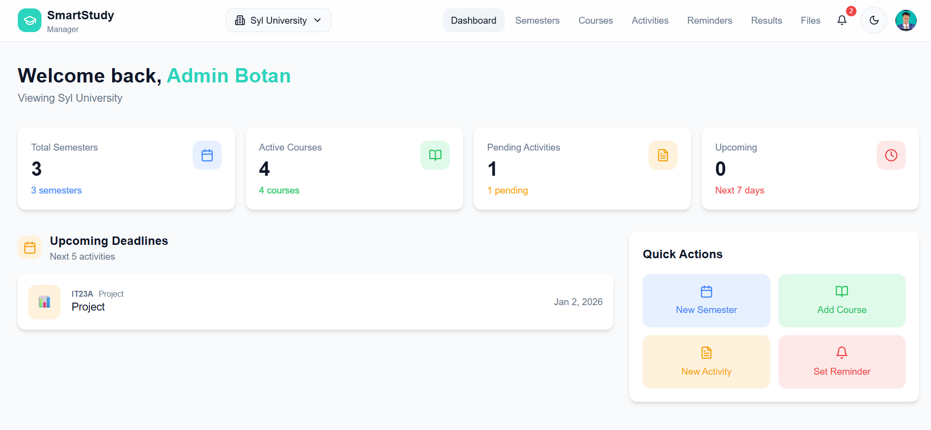 Smart Study Management System dashboard